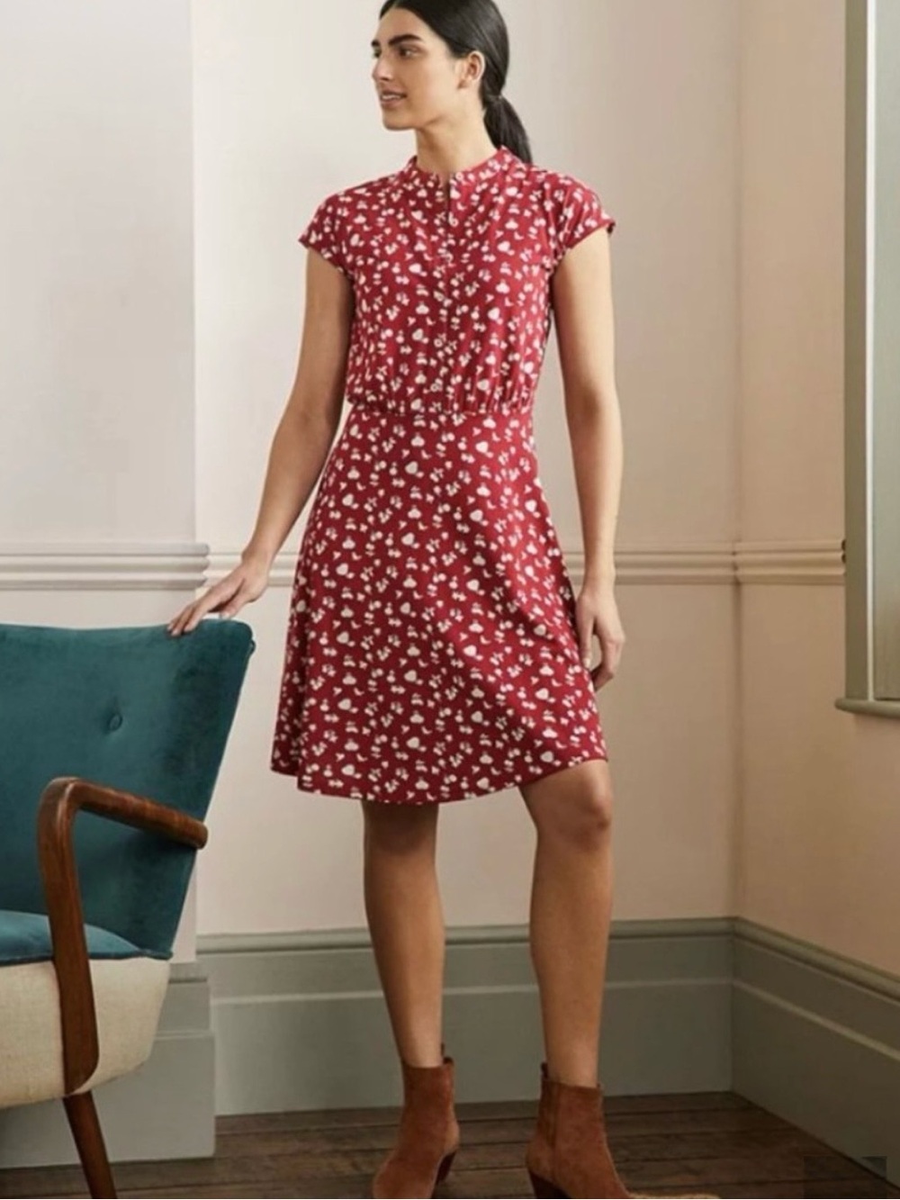 Boden Flippy Jersey Red Floral Short-Sleeve A-Line Dress